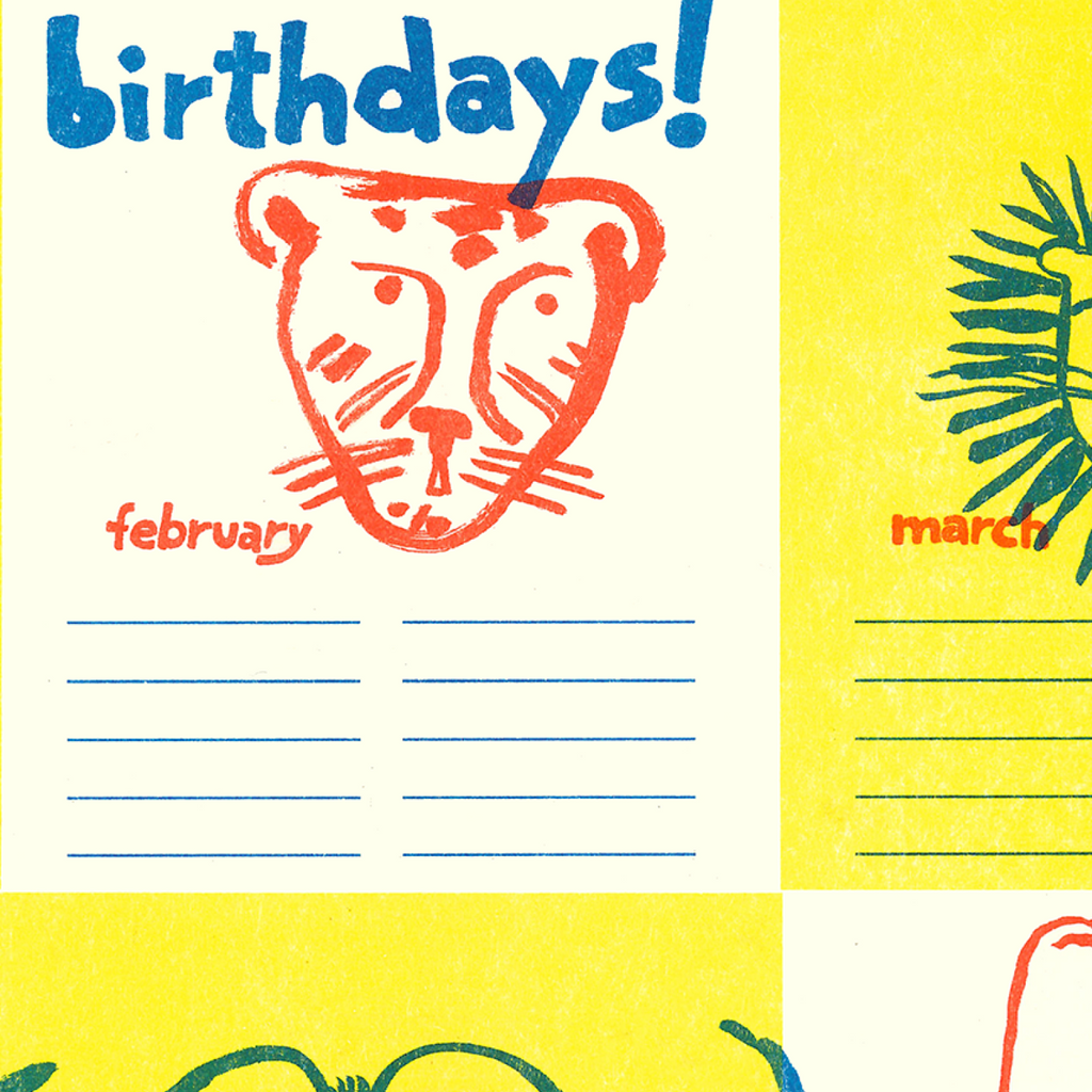 Animal Faces Birthday Calendar Tracker Risograph Print