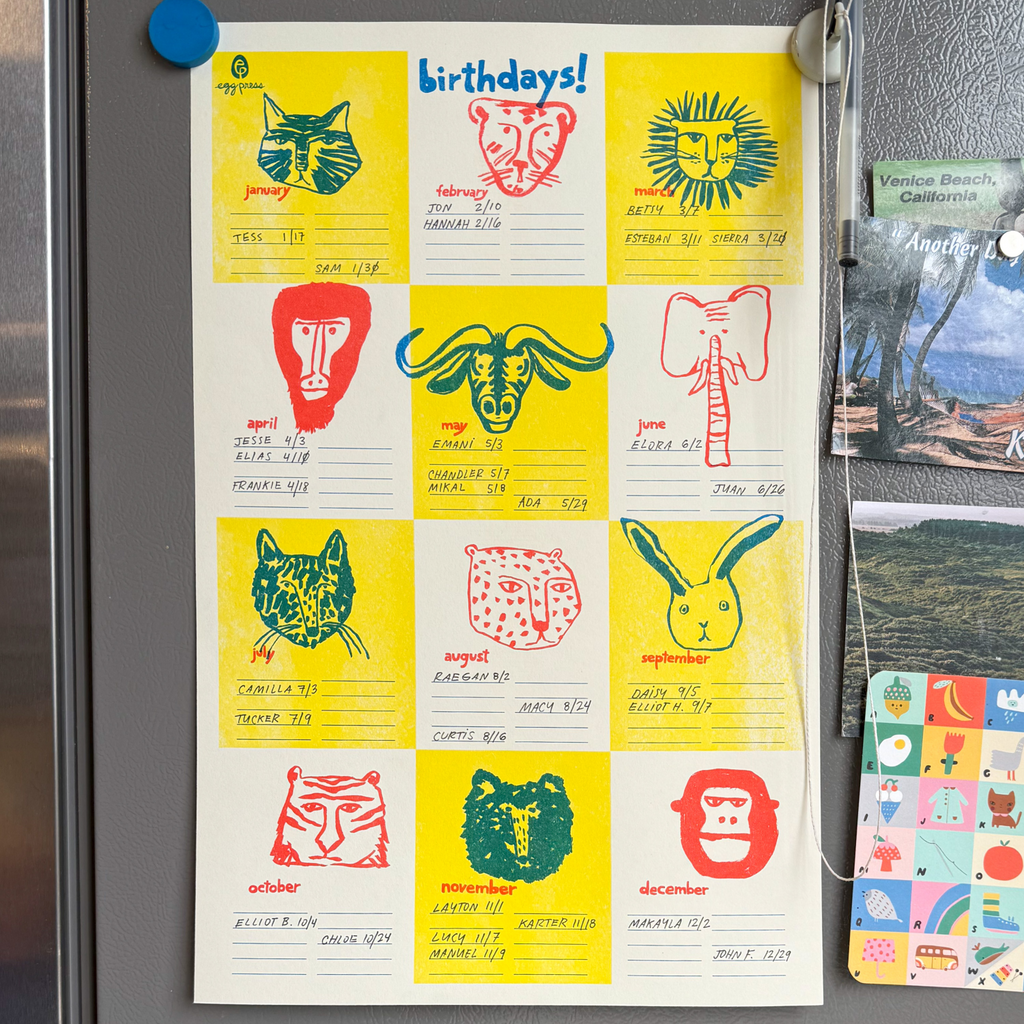 Animal Faces Birthday Calendar Tracker Risograph Print