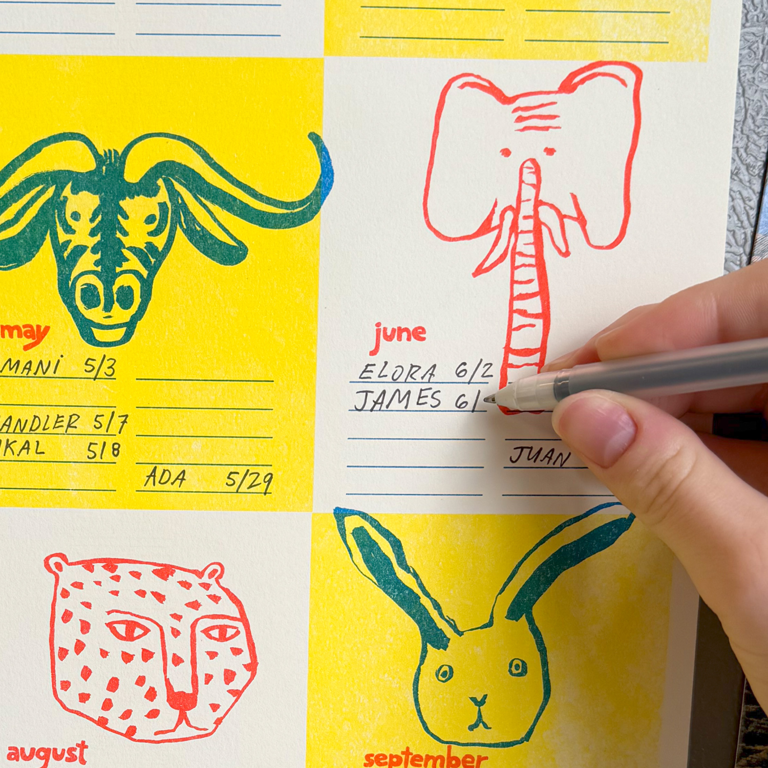 Animal Faces Birthday Calendar Tracker Risograph Print